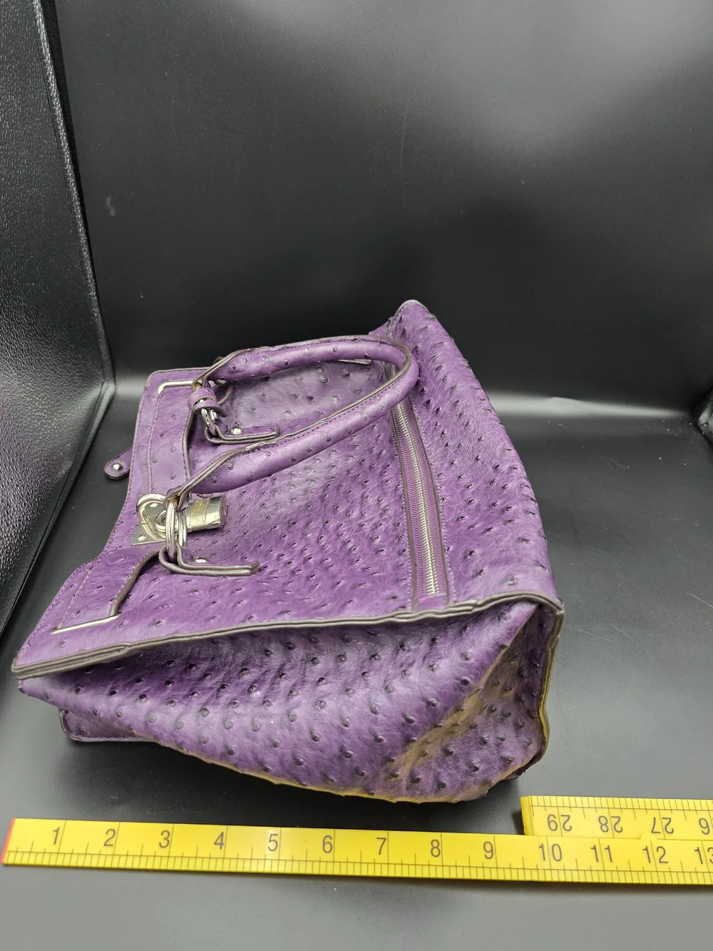 Purple Ostrich-Texture Satchel Handbag with Lock Detail